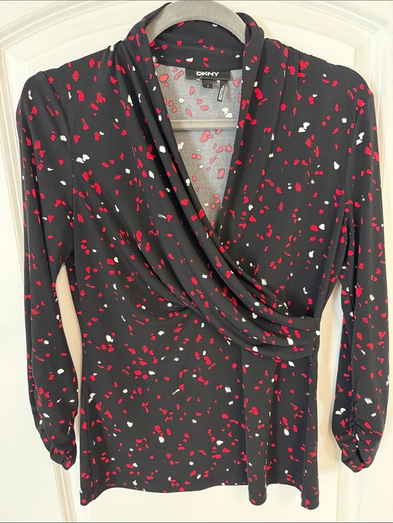 Dkny Dresses & Skirts - DKNY Black Wrap-Style Top with Red & White Petal Print